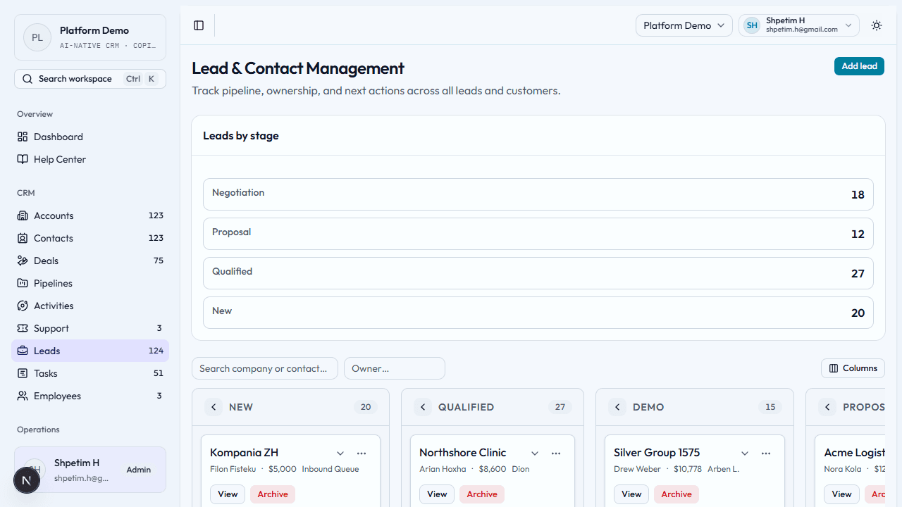 CRM Leads page showing sidebar and main content area