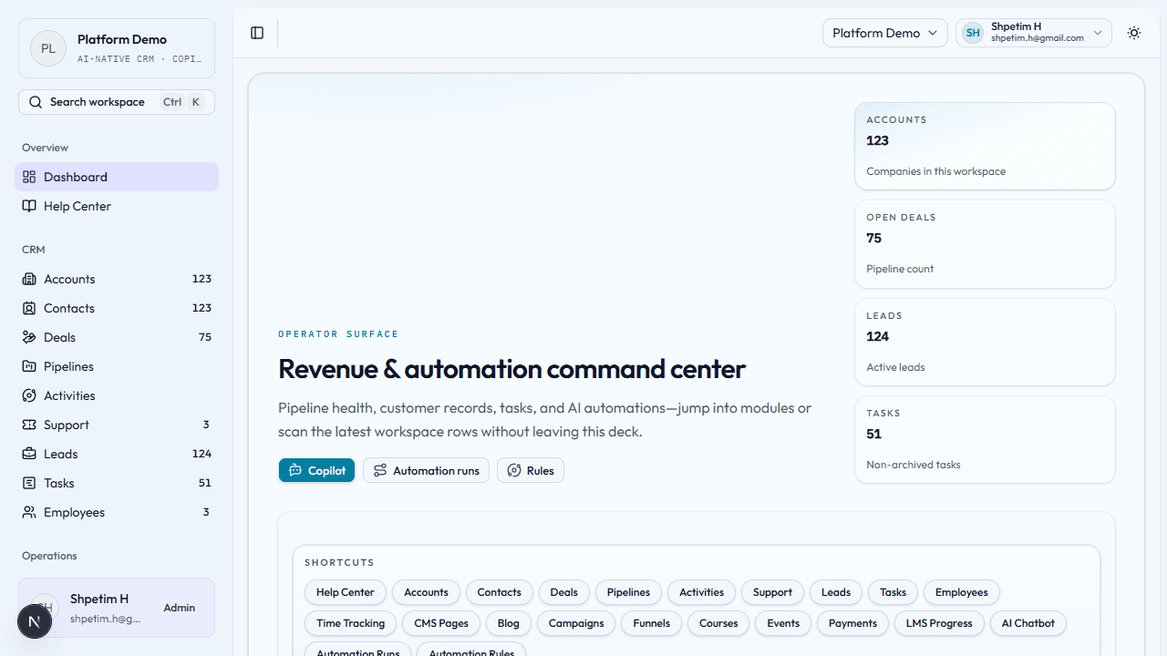 Home dashboard with sidebar navigation