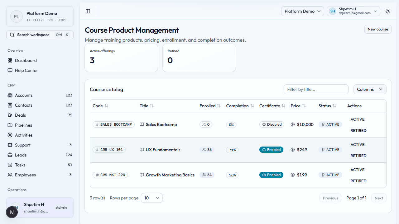 Course product catalog