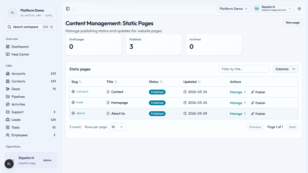Static pages management