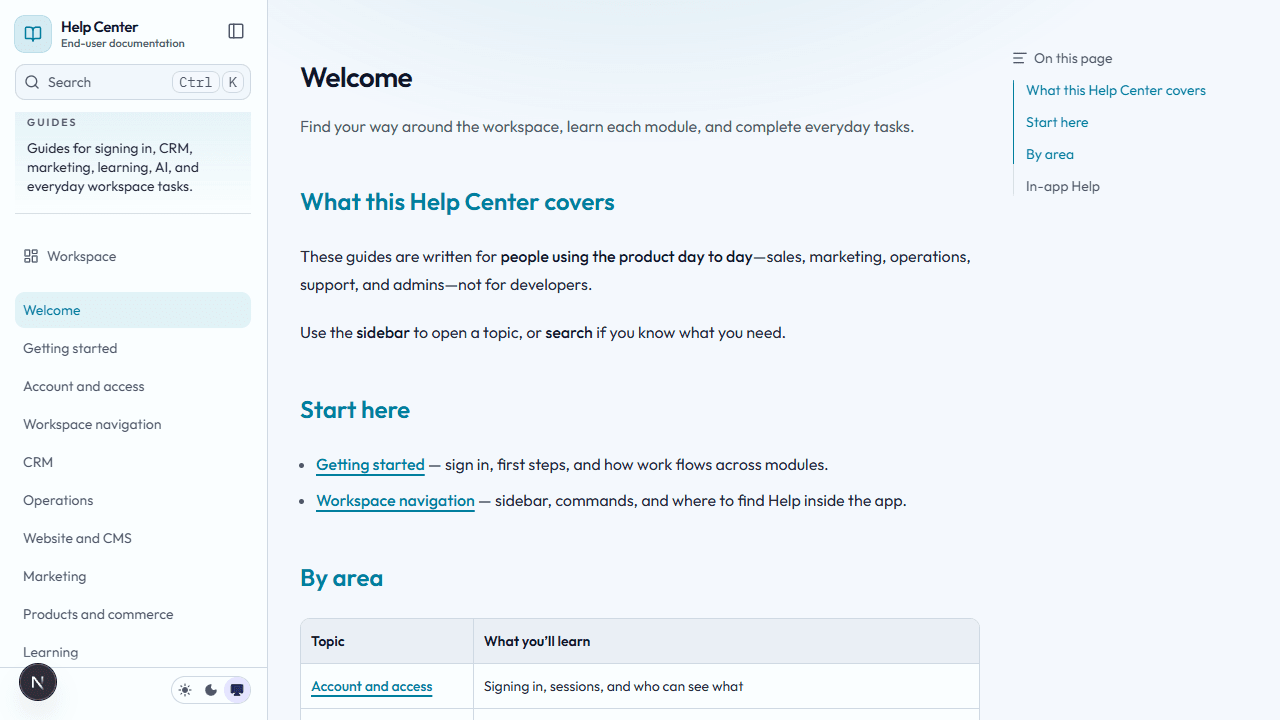 Help Center welcome page with sidebar topics